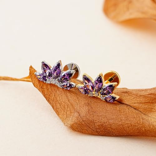 FINE4U 1PC ASTM F136 Titanium 16G Flatback Stud for Tragus, Helix, Conch 6mm 8mm - Screw on Cartilage Earring Piercing Jewelry - color: Flower CZ - Amethyst - Gold
