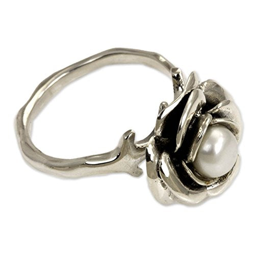NOVICA Artisan Handmade Pearl Flower Ring Crafted Sterling Silver White Single Stone Indonesia Floral Birthstone Peace [crownbezel 0.4 in H x 0.6 in Diam. Band Width 2 mm W] ' White Rose'