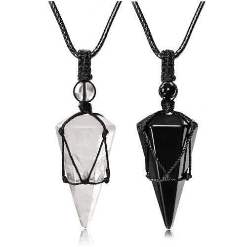 Top Plaza Mens Necklace, Crystal Gemstone Protection Pendant Necklace | Healing Crystals Necklace for Men Adjustable 6 Facet Pointed Necklace Energy Natural Quartz Protect Jewelry Gifts - color: Black Rope - Clear Quartz+Black Obsidian