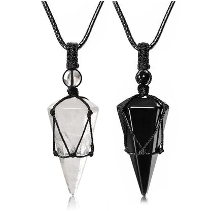 Top Plaza Mens Necklace, Crystal Gemstone Protection Pendant Necklace | Healing Crystals Necklace for Men Adjustable 6 Facet Pointed Necklace Energy Natural Quartz Protect Jewelry Gifts - color: Black Rope - Clear Quartz+Black Obsidian