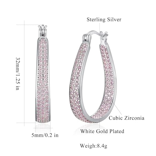 925 Sterling Silver Post Hoop Earrings for Women Gilrs Multcolors Cubic Zircon Hoops 14K Gold Plated Oval Chunky Hoop Earrings Jewelry Gift for Mothers Day/July 4th/Wedding/Party/Christmas - color: Light Pink