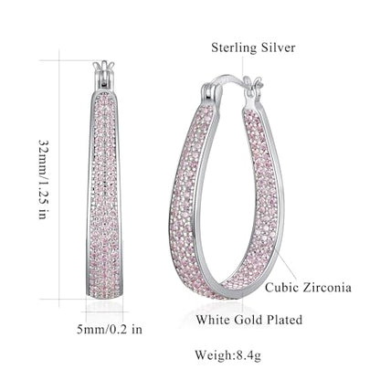 925 Sterling Silver Post Hoop Earrings for Women Gilrs Multcolors Cubic Zircon Hoops 14K Gold Plated Oval Chunky Hoop Earrings Jewelry Gift for Mothers Day/July 4th/Wedding/Party/Christmas - color: Light Pink