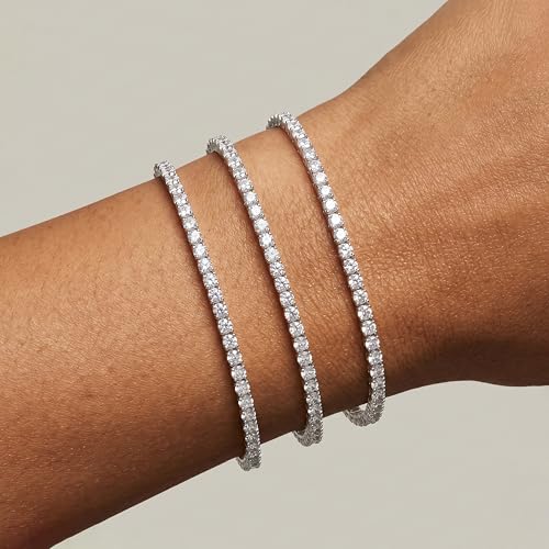 925 Sterling Silver Bracelets for Women Stack, Trendy Tennis Bangle Cuff Jewelry Set 14K Gold Plated, Adjustable Bracelet Set for Wrist Essentials, Women Fashion Watch Band Acecessories - style: Bracelet_3pcs(Silver Tennis Set 2mm)