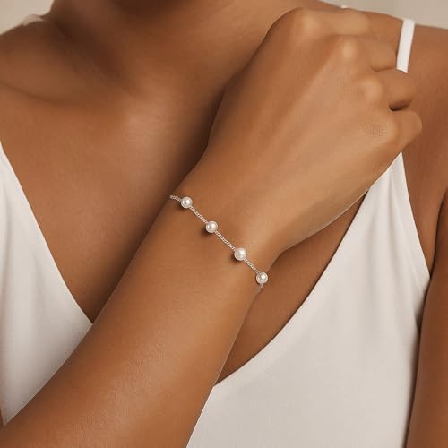 DAYANEY Pearl Bracelets for Women Gold Bracelet Silver Pearl Jewelry | Gold Bracelet Silver Pearl Jewelry Summer Gifts for Girls Dainty Daisy and Heart Bracelets Cute Floral Jewelry for Bridesmaid - style: Silver Pearl