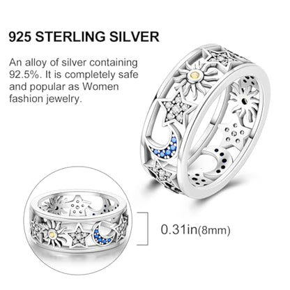 Hapour 925 Sterling Silver Rings for Women Firefly Ring, Glow in the Dark | Sun Moon Star Band Ring Rainbow Evil Eye Chunky Heart Thumb Pinky Stackable Dainty Ring, 14K Gold Plated, Cubic Zirconia - color: Carved Sun and Moon, size: 6