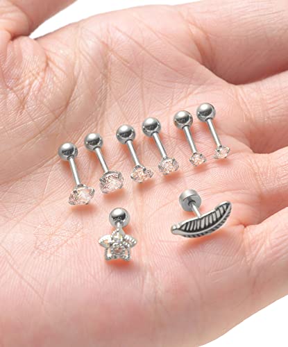 Tornito 9-30Pcs Cartilage CZ Stud Earrings Conch Forward Helix Tragus Daith Piercing Lip Rings Snake Heart Butterfly Jewelry for Women Men 16G Silver Gold Tone - color: F:Silver Tone