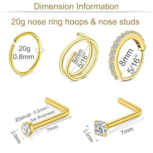 MODRSA 20g Nose Rings Hoops Nose Studs for Women Surgical Steel Hypoallergenic 20 Gauge Nostril Piercing Jewelry L Shape Crokscrew Silver Rose Gold Black Hoop Nostril Rings for Men - color: 12 - L Shape 20g - Gold