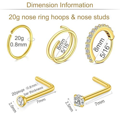 MODRSA 20g Nose Rings Hoops Nose Studs for Women Surgical Steel Hypoallergenic 20 Gauge Nostril Piercing Jewelry L Shape Crokscrew Silver Rose Gold Black Hoop Nostril Rings for Men - color: 12 - L Shape 20g - Gold