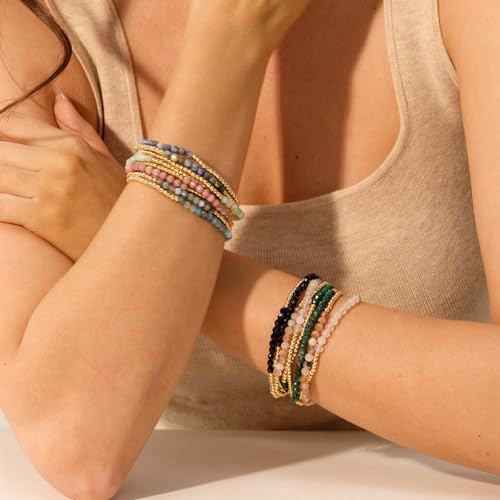 Kainier Gold Beaded Bracelets for Women 2Pairs 14K Gold Plated Stretch Bracelet Set Stackable Tarnish Dainty Natural Stone Bead Bracelets Gift - color: Rose Quartz