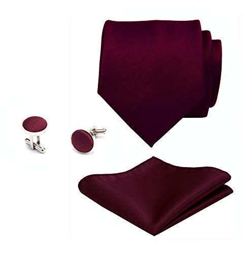 GUSLESON 3.15"（8cm） Solid Color Necktie and Pocket Square Cufflinks Sets For Men + Gift Box - color: Burgundy