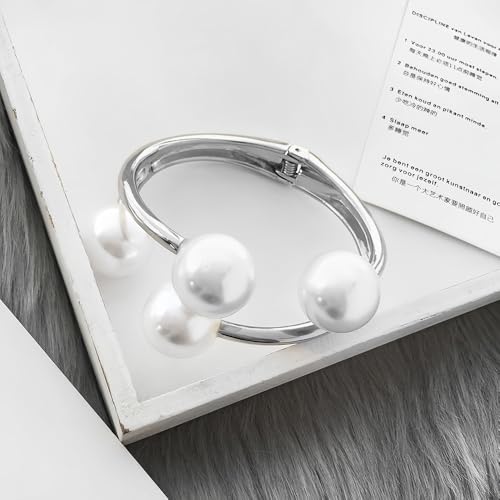 Gold Pearl Hand Cuff Bracelets for Women Chunky Large Pearls Cuffs Statement Bracelet Luxury Big Fake Faux Pearl Ball Handcuffs Jewelry Unique Pearly Gifts - color: Silver