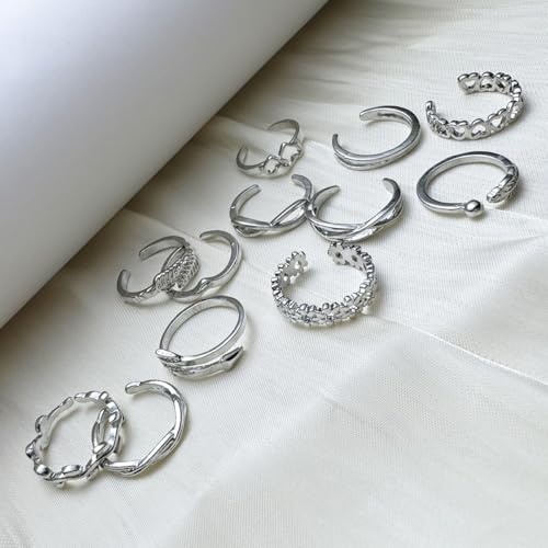 12PCS Toe Rings for Women 14K Gold/Silver Plated Adjustable Toe Ring Set Open Heart Arrow Infinity Rings Beach Foot Jewelry for Summer - color: Silver