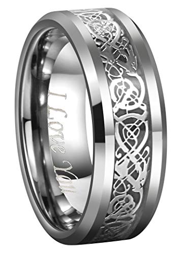 CROWNAL Black Dragon Men Black Tungsten Carbide Ring Wedding Band 6mm 8mm 10mm Red Carbon Fiber Black Celtic Dragon Inlay Engraved I Love You Size 7 to 17 - color: Silver Dragon Black Carbon Fiber