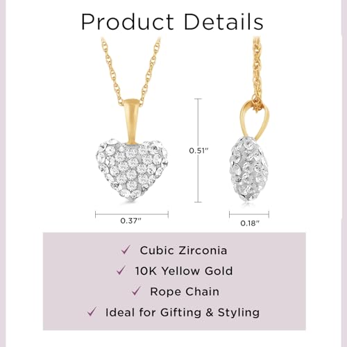 Jewelili Puffed Heart Necklace Pendant 10K Yellow Gold with White Round Cubic Zirconia 18 inch 14K Gold Chain