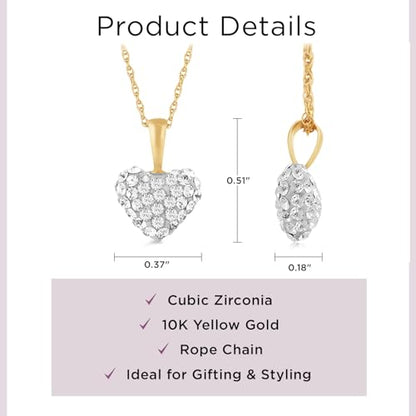 Jewelili Puffed Heart Necklace Pendant 10K Yellow Gold with White Round Cubic Zirconia 18 inch 14K Gold Chain