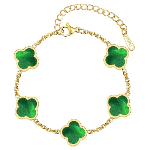 Four Leaf Clover Bracelet for Women 18K Gold Plated Stainless Steel 4 Leaf Link Chain Adjustable Bracelets Lucky Gift for Women/White/Black/Rich Red/Emerald Green/ Navy Blue/Pink Bracelets - color: Green/Gold