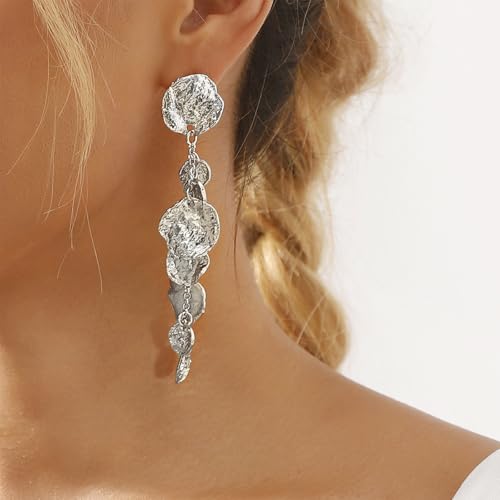 14K Gold Irregular Round Dangle Earrings for Women,Unique Statement Long Geometric Tassel Hanging Earrings Charm Anniversary Party Jewelry Gifts - color: Silver