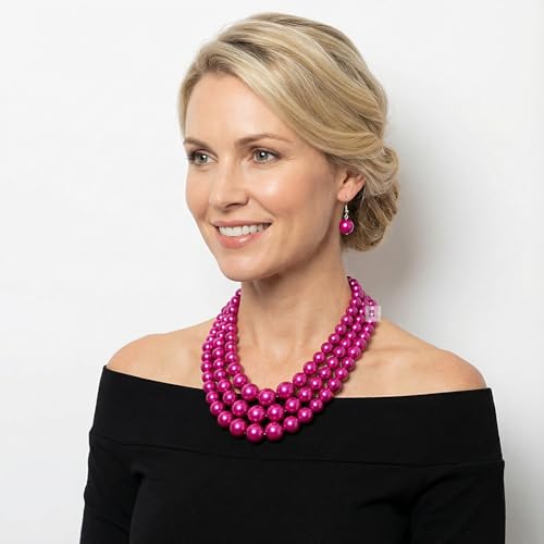 Simulated Pearl Necklace & Earring Set, Multi Strand - color: Fuchsia