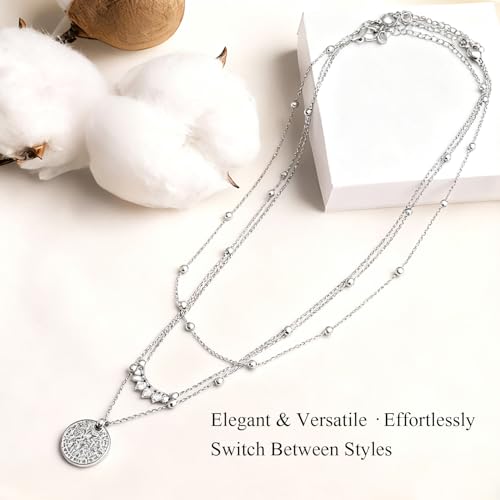 Silver Plated Layered Choker Necklaces, Dainty Stackable Coin Chain Pendant Necklace, Trendy Fashion Jewelry Holiday Birthday Gift for Women