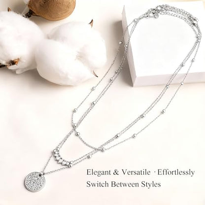 Silver Plated Layered Choker Necklaces, Dainty Stackable Coin Chain Pendant Necklace, Trendy Fashion Jewelry Holiday Birthday Gift for Women