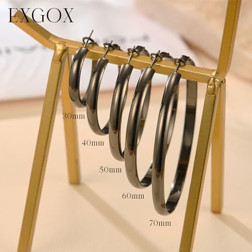 EXGOX 5mm Wide Gold Hoop Earrings for Women,Sterling Silver Hoop Earrings Large Silver Hoop Earrings Hypoallergenic Lightweight 14K Real Gold Plated Big Hoop Earrings for Women 30/40/50/60/70mm - color: Black Hoop-40mm