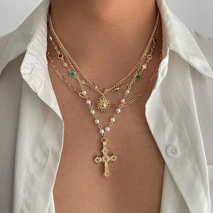 MODRSA Gold Stacked Layered Necklaces for Women Pearl Pendant Charm Cross Lariat Slip Shell Starfish Y Chain Necklace Adjustable Silver Boho Jewelry Gifts for Women Summer Vacation Beach Accessories - color: A1- Layered cross pearl - Gold