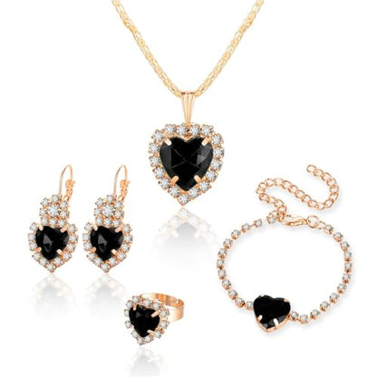 MALOYANVE 4PCS Crystal Heart Jewelry Set Glitter Gold Cubic Zirconia Love Heart Pendant Necklace Lightweight Hoop Earrings Bangle Bracelet Adjustable Open Ring Prom Wedding Jewelry for Women - color: Black