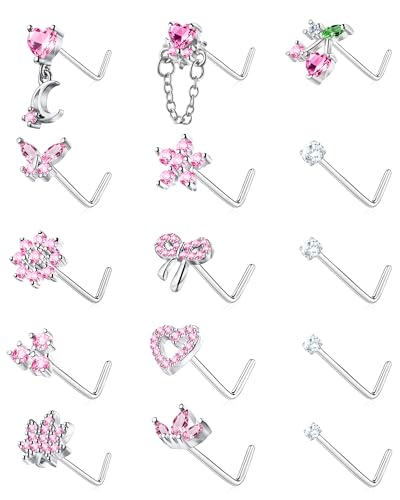 BSJ4U Nose Rings L Shaped for Women Nose Piercings 20G Surgical Stainless Steel Nose Studs CZ Heart Butterfly Flower Cherry Bow Moon Dangle Nose Piercing Jewelry - color: Silver Pink Nose Rings