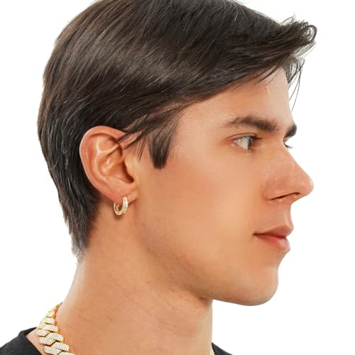 Iced Out Hoop Earrings Cubic Zirconia Huggie Cartilage Cuff Hypoallergenic 14K Gold Plated Luxury Fashion Round Circle Earrings For Men Women - color: 01 Gold