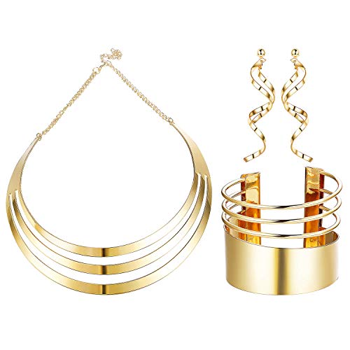 JOERICA Bib Choker Necklace Set for Women Wide Cuff Bangle Bracelets Long Statement Dangle Earrings African Costume Jewelry Set - color: Gold Tone