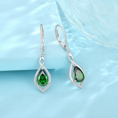 Infinity Teardrop Earrings 925 Sterling Silver Dangle Drop Leverback Earrings Birthstone Jewelry for Women - color: Emerald Green