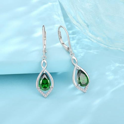 Infinity Teardrop Earrings 925 Sterling Silver Dangle Drop Leverback Earrings Birthstone Jewelry for Women - color: Emerald Green