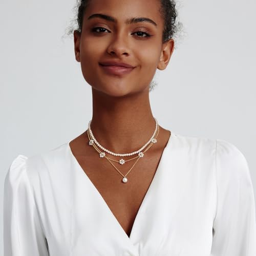 LULII Pearl Necklaces for Women 14K Gold Plated Dainty Layered Single Pearl Necklace Simple Daisy Pearls Choker Cute Gold Necklace Stack Jewelry Sets for Women Trendy Gifts - color: Gold-Layered Daisy Pearl Set