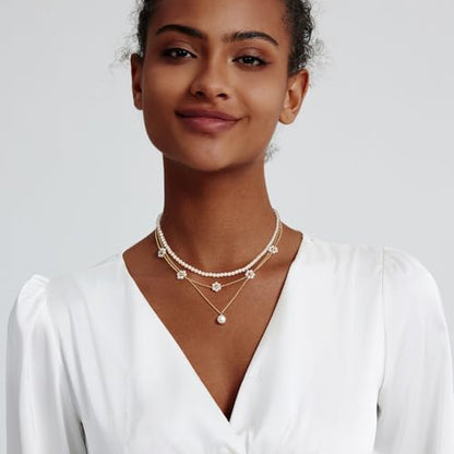 LULII Pearl Necklaces for Women 14K Gold Plated Dainty Layered Single Pearl Necklace Simple Daisy Pearls Choker Cute Gold Necklace Stack Jewelry Sets for Women Trendy Gifts - color: Gold-Layered Daisy Pearl Set