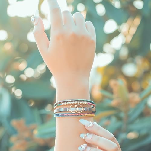 Chunky Boho Leather Wrap Bracelets Cowgirl Beaded Circle Western Jewelry | Stackable Infinity Layered Bohemian Magnetic Clasp Cuff Statement Fashion Colorful Country Hippie Outfits for Women Trendy - color: Rainbow