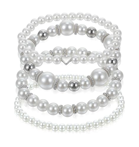 4Pcs Pearl Bracelet Stack, Fake White Pearl Bracelets for Women Dainty Beaded Jewelry Imitation Pearls, Stackable & Multilayered, Perfect for Bridesmaids, Silver & White