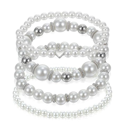 4Pcs Pearl Bracelet Stack, Fake White Pearl Bracelets for Women Dainty Beaded Jewelry Imitation Pearls, Stackable & Multilayered, Perfect for Bridesmaids, Silver & White