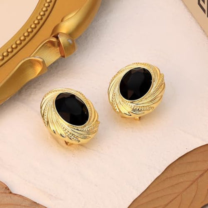 Chunky Gold Geometric Stud Earrings Trendy Vintage 14K Gold Plated Black Cubic Zirconia Statement Cocktail Earrings Dupes Jewelry for Women - style: Black Stone B
