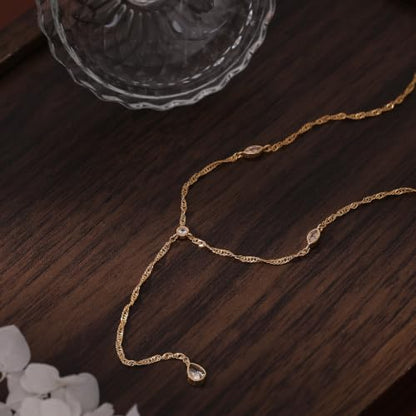 Long Necklaces for Women, Cute 14K Gold Plated CZ Drop Necklace | Dainty Gold Necklace, Simple CZ Teardrop Clover Y Shaped Lariat Necklace,Statement Non Tarnish Necklace, Trendy Gold Jewelry - color: Gold-Drop 4