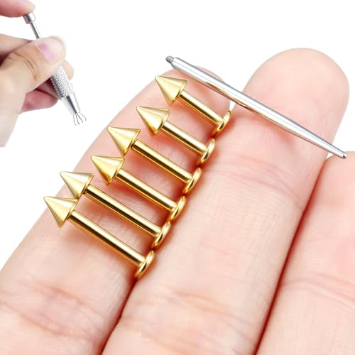 Internally Threaded Labret Studs 18G 16G 14G Surgical Steel Lip Piercing Jewelry with Claw Tool Monroe Snake Bite Jewelry Flat Back Barbell for Women Men Plus Piercing Ball Grabber Tool - color: goldtone, size: 14g,spike end