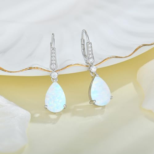 Created Opal Earrings 925 Sterling Silver Leverback Drop Dangle Earrings 5A Cubic Zirconia Jewelry for Women - color: A white opal