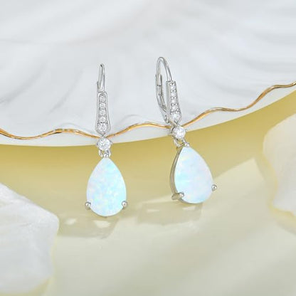 Created Opal Earrings 925 Sterling Silver Leverback Drop Dangle Earrings 5A Cubic Zirconia Jewelry for Women - color: A white opal
