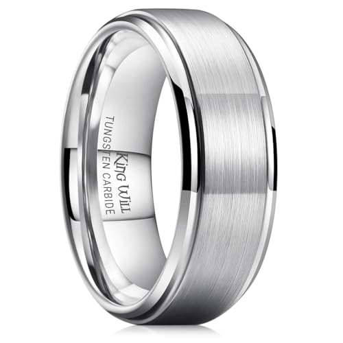 King Will Classic Tungsten Wedding Band for Men, 6/7/8/9/10mm Widths, Polished Finish Step Edge Matte Rings Comfort Fit - color: A-silver 8mm