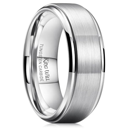 King Will Classic Tungsten Wedding Band for Men, 6/7/8/9/10mm Widths, Polished Finish Step Edge Matte Rings Comfort Fit - color: A-silver 8mm