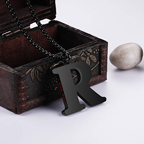 Initial 26 Letter A to Z Pendant Necklace for Teen Women Men 24" Chain | Large Alphabet Letter Personalized Charm Pendant,Engraving Red 'I CAN DO ...' on Back - style: R