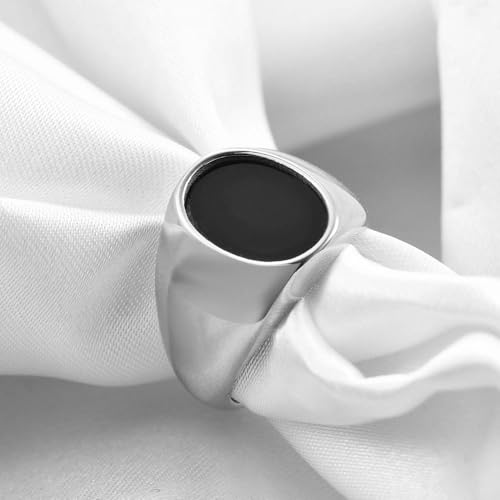 MYNENEY Stainless Steel Round Statement Pinky Signet Rings for Men Women - color: Silver+Black