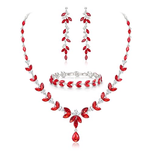 EVER FAITH Marquise Crystal Leaf Bridal Prom Jewelry Set for Women Bride | Rhinestone Wedding Party Necklace Dangle Earrings Tennis Bracelet, for Bridesmaid - color: Red