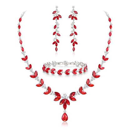 EVER FAITH Marquise Crystal Leaf Bridal Prom Jewelry Set for Women Bride | Rhinestone Wedding Party Necklace Dangle Earrings Tennis Bracelet, for Bridesmaid - color: Red