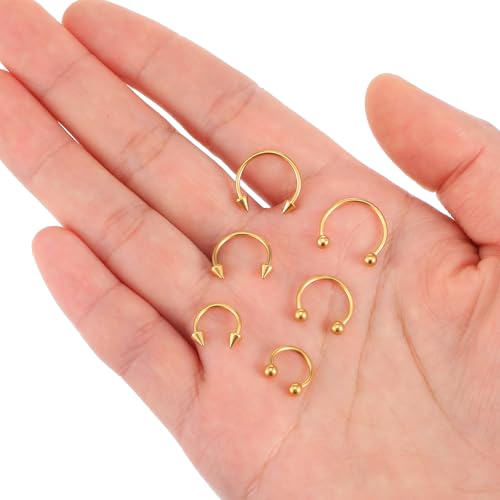 Yolev 6pcs Horseshoe Nose Ring 16g Surgical Steel Septum Piercing Jewellery Horseshoe Hoop Earring Lip Rings Ear Helix Cartilage Daith Conch Horse Shoe Nose Ring For Women Men 8/10/12mm Gold