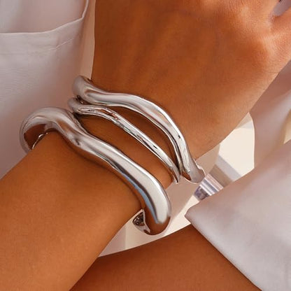 Frodete Chunky Gold Bangles for Women Non Tarnish Chunky Wide Cuff Bracelets Silver Cuff Bangle Bracelet Trendy Statement Minimalist Jewelry Gifts - color: A36:silver bangles